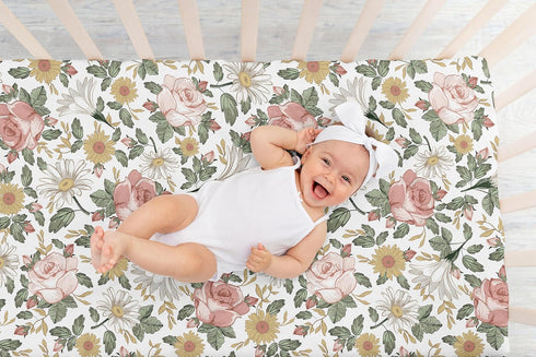 Sweet Jojo Designs Vintage Floral Boho Girl Fitted Crib Sheet Baby or Toddler Bed Nursery - Blush Pink, Yellow, Green and White Shabby Chic Rose F...