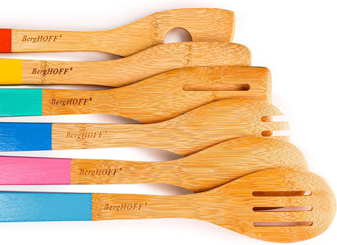 BergHOFF Bamboo 6Pc Utensil Set, Slotted & Plain Spatula, Slotted Spoon, Serving Spoon, Spaghetti Spoon, Salad Spoons 12" Multi-colors with Hangin...