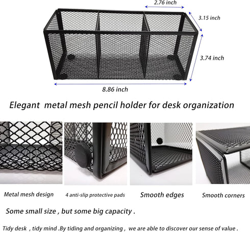 Black Mesh Pencil Holder, Metal Mesh Desk Organize for Pens, Kitchen Utensil Desk Storage,3 Compartments, Small Elegant Office Desk Supplies Organ...