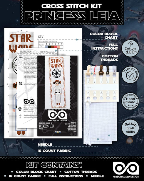Counted Cross Stitch Kit 'SW: Princess Leia' - Hand Embroidery Bookmark with Design Pattern...