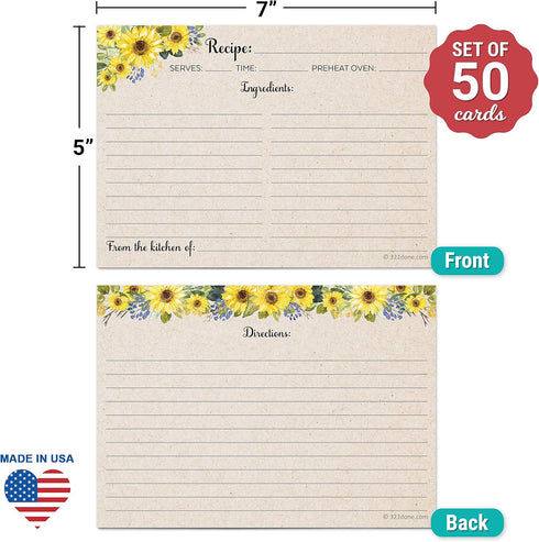 321Done Jumbo XL Sunflower Recipe Cards (Set of 50) Extra Large 5x7 Rustic Kraft Tan - From the Kitchen of for Weddings, Baby, Bridal Shower - Mad...