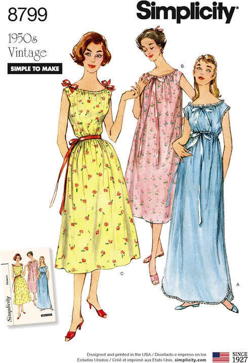 Simplicity Pattern 8799 Misses' Vintage Nightgowns, Size XS-S-M-L-XL...