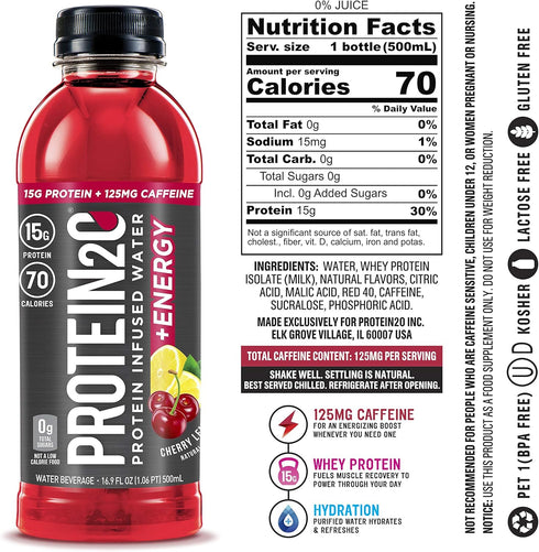 Protein2o 15g Whey Protein Infused Water Plus Energy, Cherry Lemonade, 16.9 oz Bottle (Pack of 12)...