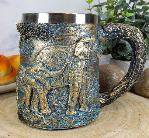 Ebros Animal Totem Spirit Safari Elephant And Calf Family Mug Textured With Rustic Textured Tree Bark Design In Painted Bronze Finish 12oz Drink B...