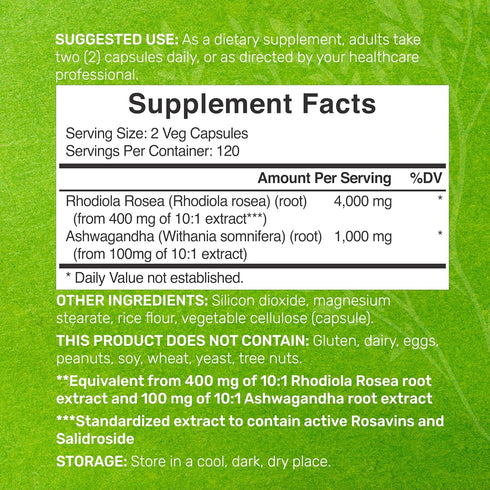 DEAL SUPPLEMENT Rhodiola Rosea with Ashwagandha 5,000mg Per Serving, 240 Veggie Capsules – Max Strength 10:1 Root Extract – Adaptogenic Supplement...