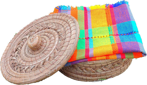 Authentic Mexican Tortilla Warmer Basket - Pine Needle Handwoven with Handloomed Cloth (Natural 7" w cloth)...