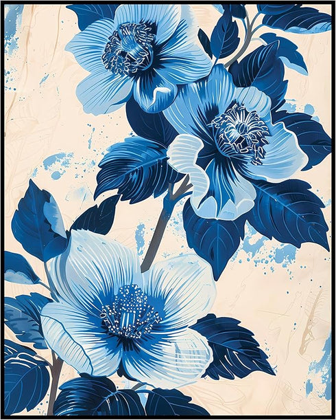 Posterizer 1 pcs-blue pretty flowers with white background-Floral & Botanical Art-Abstract & Modern Art-Decor for Home & Office- UNFRAMED Wall Art...