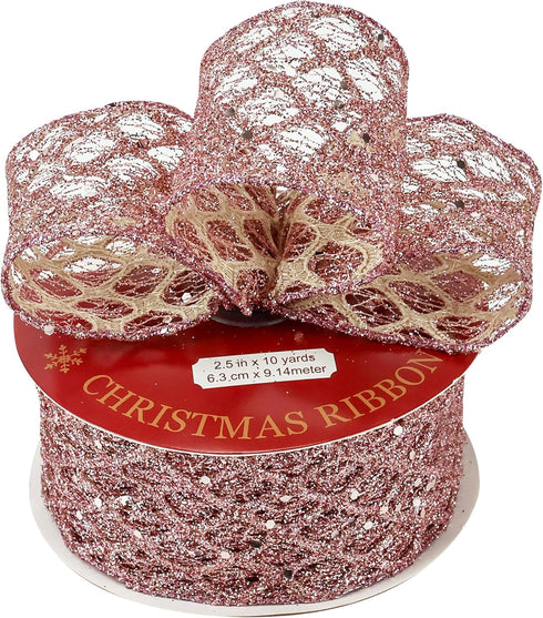 HUIHUANG Rose Gold Wired Ribbon 2-1/2 inch, Rose Gold Pink Christmas Ribbon Diamond Glitter Wire Edge Ribbon for Holiday Tree, Bows Making, Wreath...