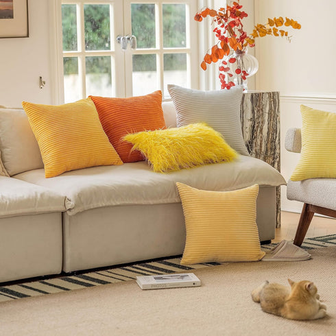 Home Brilliant Yellow Throw Pillow Covers 18x18 Set of 2 Super Soft Couch Pillow Covers Decorative Striped Corduroy Mustard Throw Pillows for Couc...