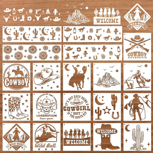 Western Cowboy Painting Stencils - 20 Pcs Reusable Stencils for Painting on Wood, Cowgirl Stencils Painting Template, Western Landscape Scene Sten...