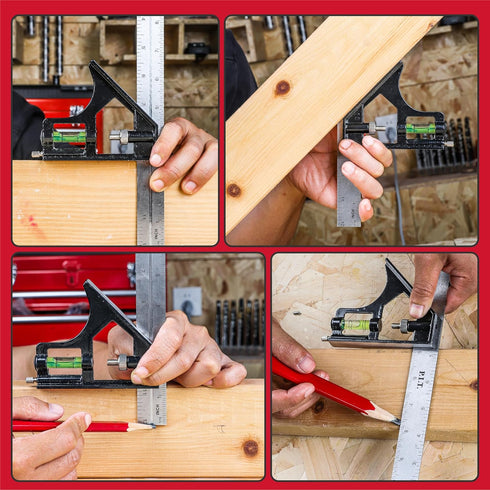 P.I.T. 12 Inch Combination Square, Multi-Purpose Square Tool, Heavy Duty Stainless Steel Ruler with Movable Bubble Level for Angle/Measuring Marks...