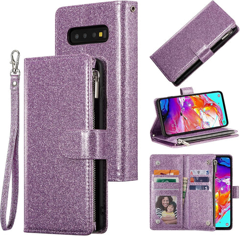 UEEBAI Wallet Case for Samsung Galaxy S10 Plus, PU Leather Wallet Magnetic Closure Handbag Zipper Pocket Cover Kickstand Card Slots with Hand Stra...