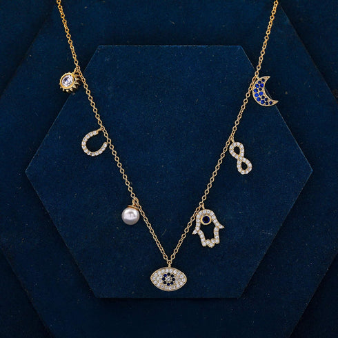 SLOONG Evil Eye Necklace Hamsa Hand Necklace 14K Gold Plated Dainty Necklace White Blue Cz Pendant Necklace for Women...