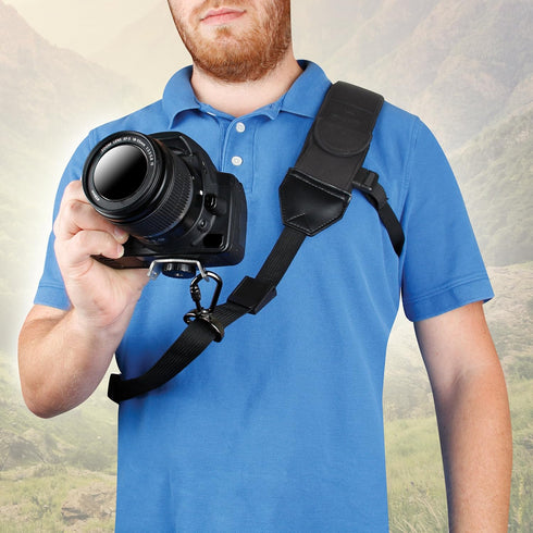 USA Gear Camera Sling Shoulder Strap with Adjustable Neoprene, Safety Tether, Accessory Pocket, Quick Release Buckle - Compatible with Canon, Niko...