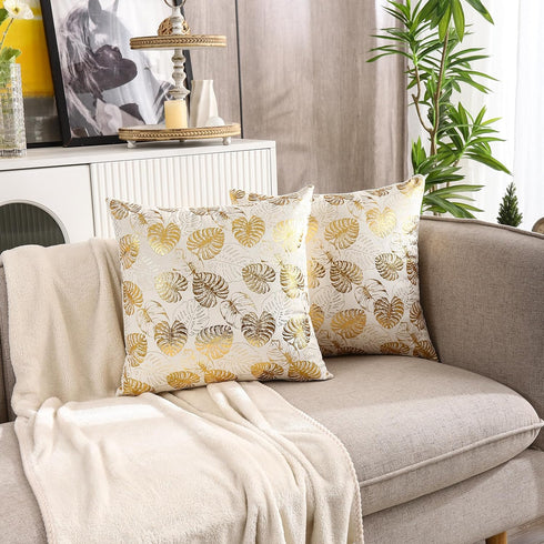 Velvet Throw Pillow Covers 18x18 inch Set of 2 Gold Stamping Leaves Throw Pillows for Couch Sofa Bed Living Room, Luxury Cushion Covers...
