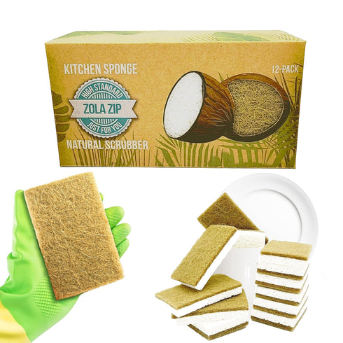 Natural Kitchen Sponges Compostable Cellulose and Coconut Scrubber Sponge Pack 12 Eco Walnut 100% Coconut Sponge Eco Friendly Biodegradable Non Sc...