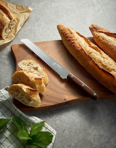 Bread Knife 8 Inch with Sheath - German High Carbon Stainless Steel, Ergonomic Grip Full Tang Wood Handle - Serrated Edge Home Kitchen Knife for B...