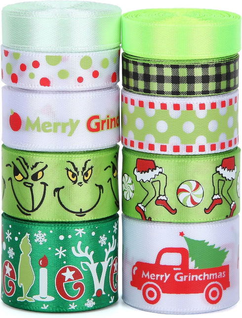 Red Green Ribbon 10 Rolls Total 50 Yards Christmas Craft Satin Ribbon Funny Cartoon Character Gift Wrapping Ribbon Decorative Ribbon for Xmas Tree...