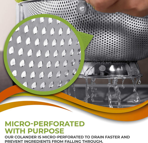 Stainless Steel Micro-Perforated 5-Quart Colander - Professional Strainer with Heavy Duty Handles and Self-draining Solid Ring Base - Dishwasher S...