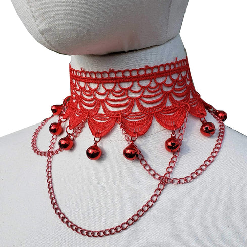 Red Lace Chains Christmas Bell Necklaces Goth Chokers Collar Jewelry for Women Gifts (lace bell)...