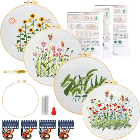 Maydear 4 Packs Embroidery Starter Kit with Pattern, Stamped Cross Stitch Kits for Beginners Adults with Embroidery Hoop and Instructions, Hand Em...