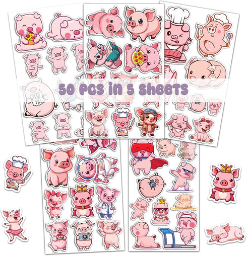 50 PCS Pig Stickers Waterproof Decal Vinyl Cute Animal Kawaii Cartoon Pink Piggy Sticker Decoration Water Bottles Tablets Scrapbook Skateboard Pho...