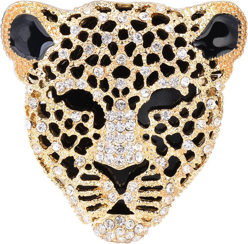 Vintage Black Enamel Spotted Leopard Head Rhinestone Crystal Animal Brooch Pin Lapel Pin Badge...