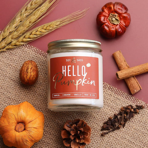Fall Candles, Pumpkin Candle - 'Hello Pumpkin' Soy Pumpkin Spice Candle I Infused with Essential Oils I Fall Candle Decor, Fall Scented Candle I 9...