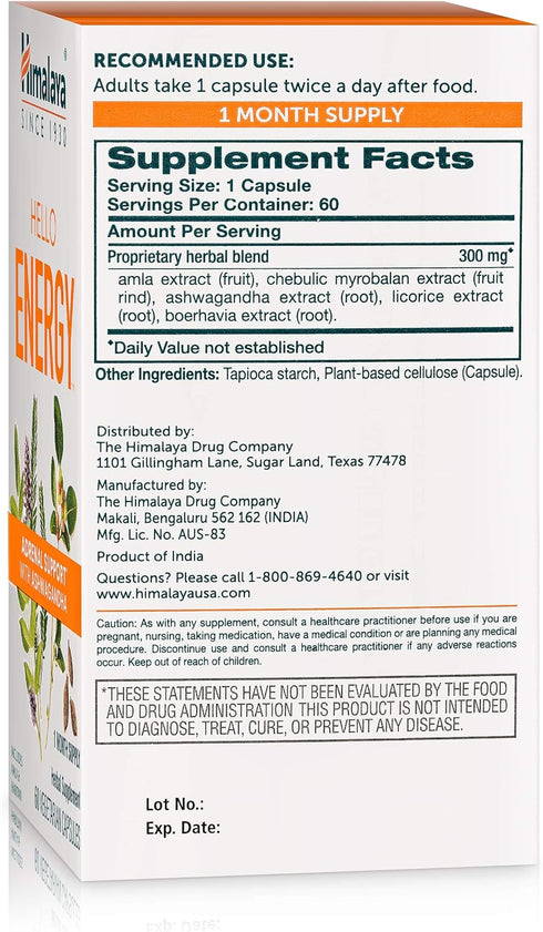 Himalaya Hello Energy Herbal Supplement with Ashwagandha, Amla, Haritaki, Daily Energy Support, Positivity, Metabolism, Caffeine Free, Gluten Free...