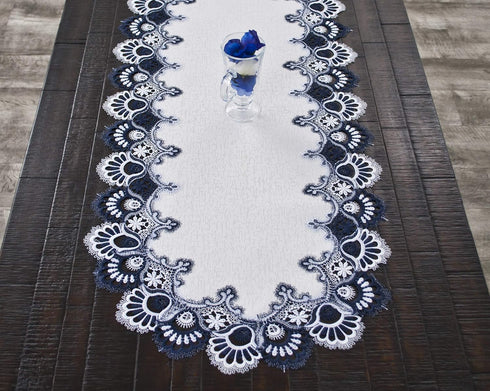 Linens, Art and Things White Navy Blue Jacquard Peacock Tail Lace Dresser Scarf Table Runner Coffee Table Runner (16Wx35L)...