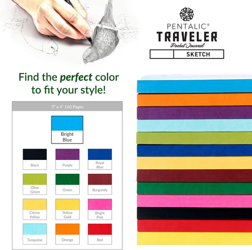 Pentalic 3 x 4" Pocket Sketchbook Traveler Journal, 160 Pages, Bright Blue...