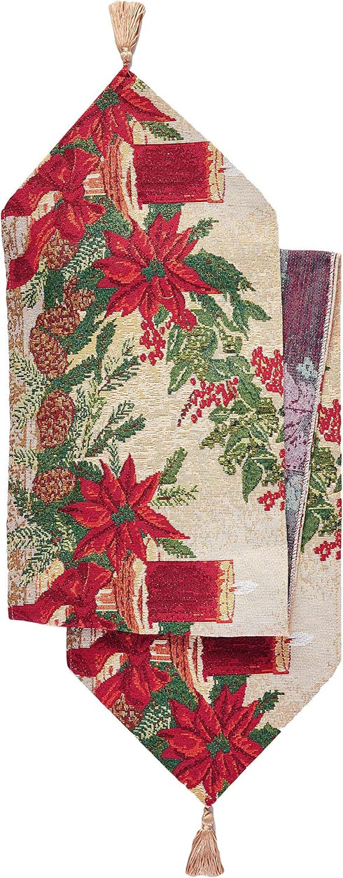 Decorative Christmas Poinsettias Candles Design Tapestry, 13" X 70" Table Runner...