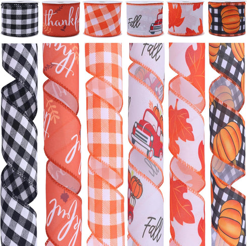 VATIN Fall Wired Ribbon 2.5 inch X 90 Feet, Buffalo Plaid/Pumpkin/Maple Leaves/Truck/Thankful Pattern Burlap Ribbon, Fall Thanksgiving Theme Ribbo...