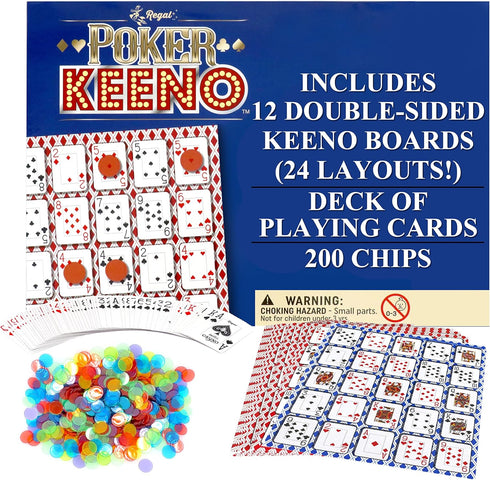Regal Games - Poker Keeno Bulk Game Set - includes 12 Two-Sided Boards, 200 Scoring Chips, 1 Deck of Standard Poker Cards - 24 Unique Board Layout...