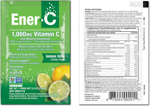 Ener-C Lemon Lime Multivitamin Drink Mix Powder Vitamin C 1000mg & Electrolytes with Real Fruit Juice Natural Energy & Immune Support for Women & ...