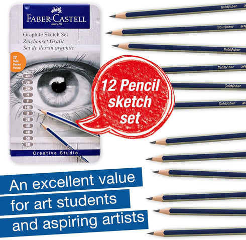 Faber-Castell Graphite Pencils Drawing Set: 12 Art Pencils for Sketching (4H, 3H, 2H, H, F, HB, B, 2B, 3B, 4B, 5B, and 6B), Shading Pencils for Dr...