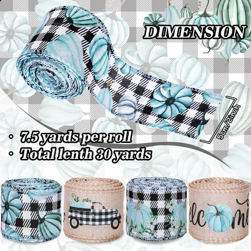 Whaline 30 Yards Fall Thanksgiving Wired Edge Ribbon Vintage Blue Pumpkin Craft Ribbon Plaids Pumpkin Truck Welcome Gift Wrapping Ribbon for Farmh...