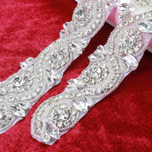 ShiDianYi Wedding Rhinestones Pearls Trim, 1 Yard Long Silver Rhinetones for Dress, Bridal Applique, Crystal Beaded Applique...
