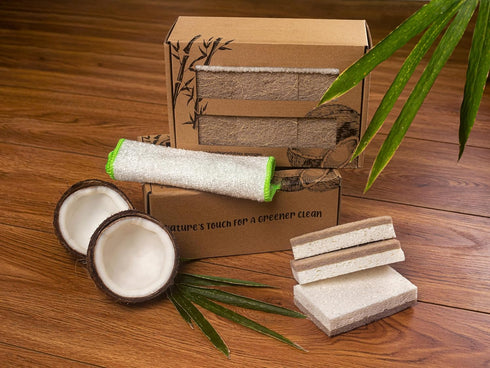 Natural Kitchen Sponge- Coconut Base Dish Sponge and Rayon derived from Bamboo Dishcloth Bundle- 12 Coconut Scrubbers & 4 Pieces Rayon derived fro...