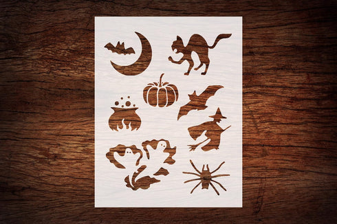 Reusable Halloween Theme Stencil 8.5" x 11" - Bat, Cat, Pumpkin, Witch Design for Spooky Crafts...