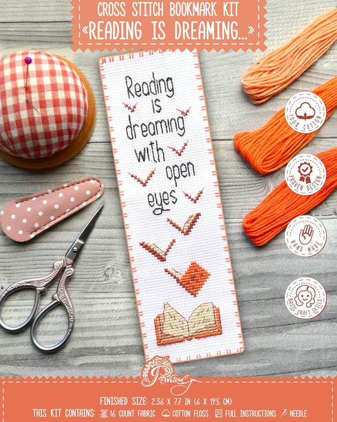 Povitrulya 'Reading is Dreaming' - Embroidery Set for DIY Bookmark - Counted Cross Stitch Kit for Adults with Paper Pattern, 16 Count Aida Canvas ...