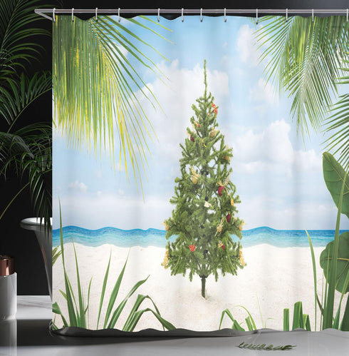 Ambesonne Christmas Shower Curtain, Tree Tinsel and Ornaments Tropical Island Sandy Beach Party Theme, Cloth Fabric Bathroom Decor Set with Hooks,...