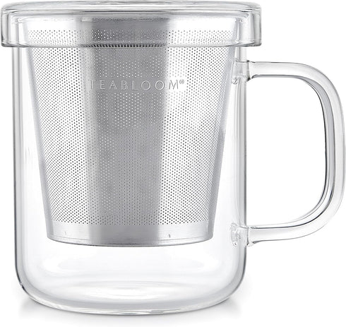 Teabloom Premium Borosilicate Glass Mug with Stainless Steel Loose Leaf Tea Infuser and Lid/Dish - 8 Ounces (240 mL)...