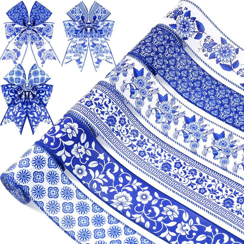 30 Yards Christmas White and Blue Wired Edge Ribbon Chinoiserie Ribbon Floral Bird Ribbon Fabric Ribbons for Crafts Wedding Wreath Bow Wrapping 2....