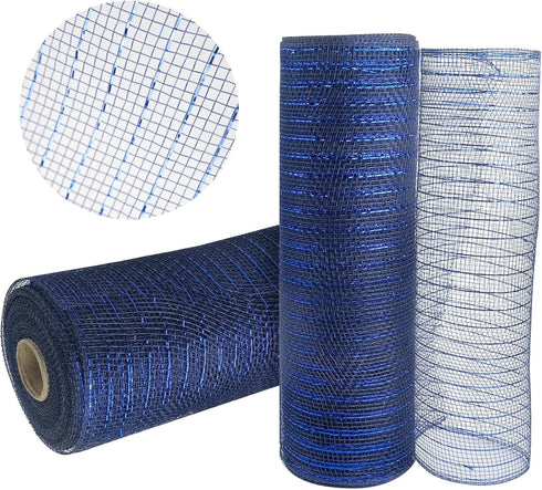 2 Rolls Navy Blue Deco Mesh Ribbon with Blue Foil Wire10 in x 30 ft,Metallic Poly Mesh Ribbon Rolls for DIY Wreath Supplies Ribbon for Christmas T...