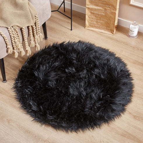 Super Soft Black Round Faux Fur Area Rugs, Fuzzy Fluffy Sheepskin Carpet, Shaggy Furry Floor Mat for Nursery Rugs Living Room Bedroom Bedside, 3 x...