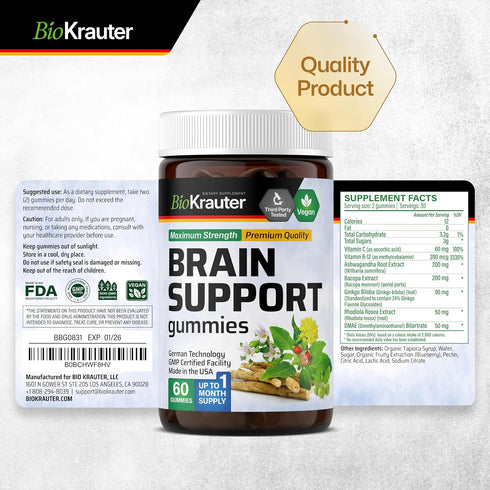 Brain Booster Gummies - Natural Nootropic Focus Supplement - Organic Ashwagandha, Ginkgo Biloba, Bacopa, DMAE, and Vitamins for Memory and Cogniti...