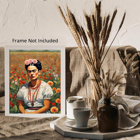 Posterizer 1 pcs- Frida Kahlo inspied art in white dress-flower field-Famous Figures Art Collection-Floral Botanical Art- Living Room Bedroom Deco...