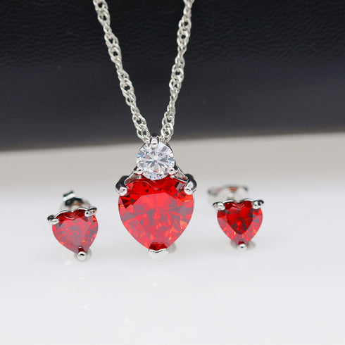 Uloveido Red Crystal Heart Necklace and Earrings Wedding Jewelry Set for Women BME53...