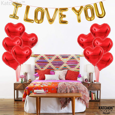 KatchOn I Love You Balloons Set - 18 Inch, Pack of 18 | Foil Red Heart Balloons for Valentine's Day Decorations...